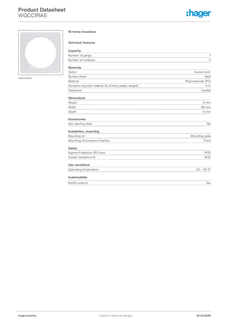 Image Hager Product data sheet WGCC1RAS  | Hager