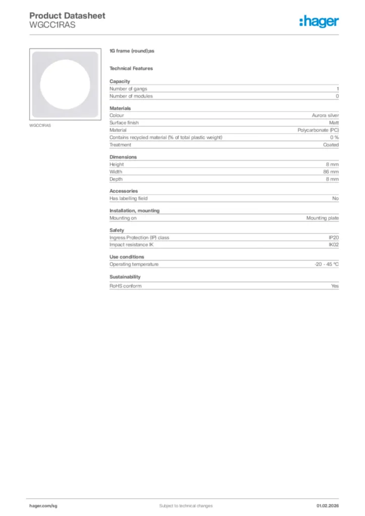 Image Hager Product data sheet WGCC1RAS  | Hager
