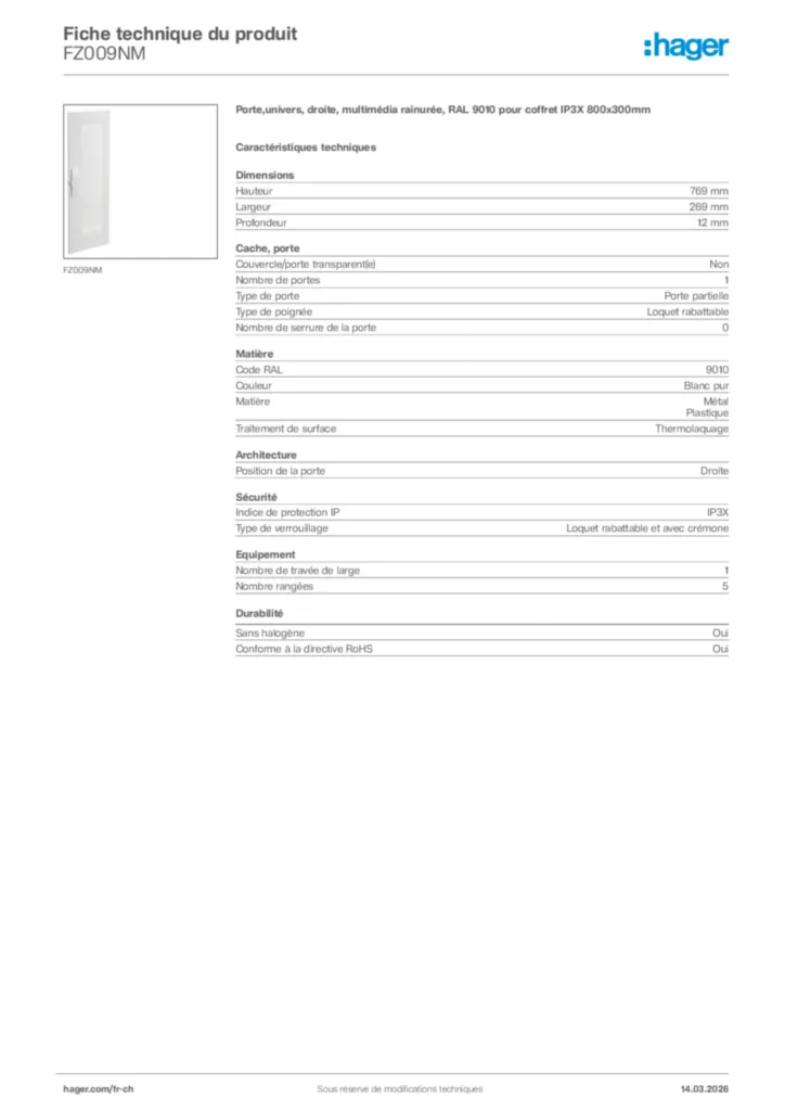 Image Hager Fiche technique du produit FZ009NM | Hager Suisse