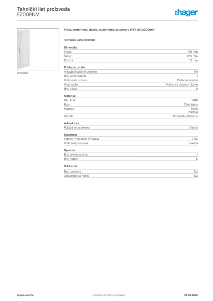 Slika Hager Tehnički list proizvoda FZ009NM  | Hager