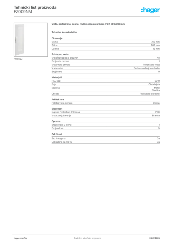 Slika Hager Product data sheet FZ009NM  | Hager