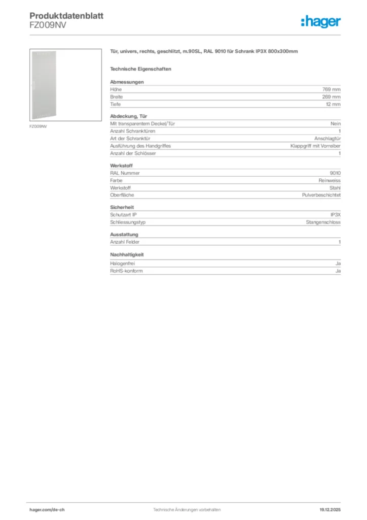 Bild Hager Produktdatenblatt FZ009NV | Hager Schweiz