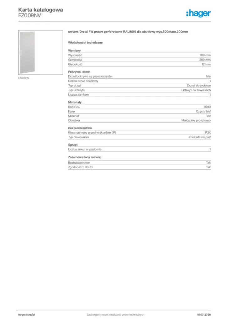 Zdjęcie Hager Karta katalogowa FZ009NV | Hager Polska