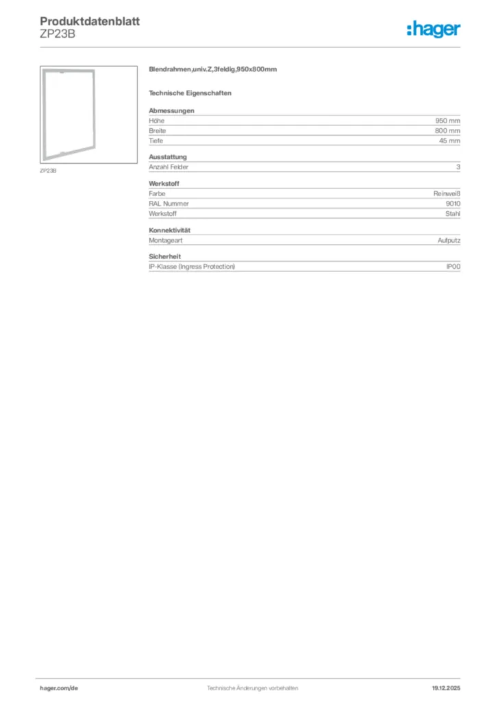Bild Hager Produktdatenblatt ZP23B | Hager Deutschland