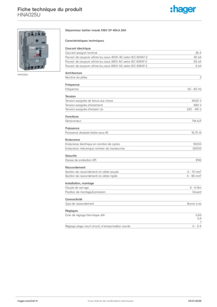 Image Hager Fiche technique du produit HNA025U | Hager Afrique