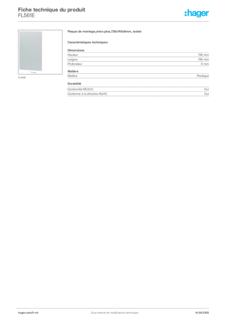 Image Hager Fiche technique du produit FL561E | Hager Suisse