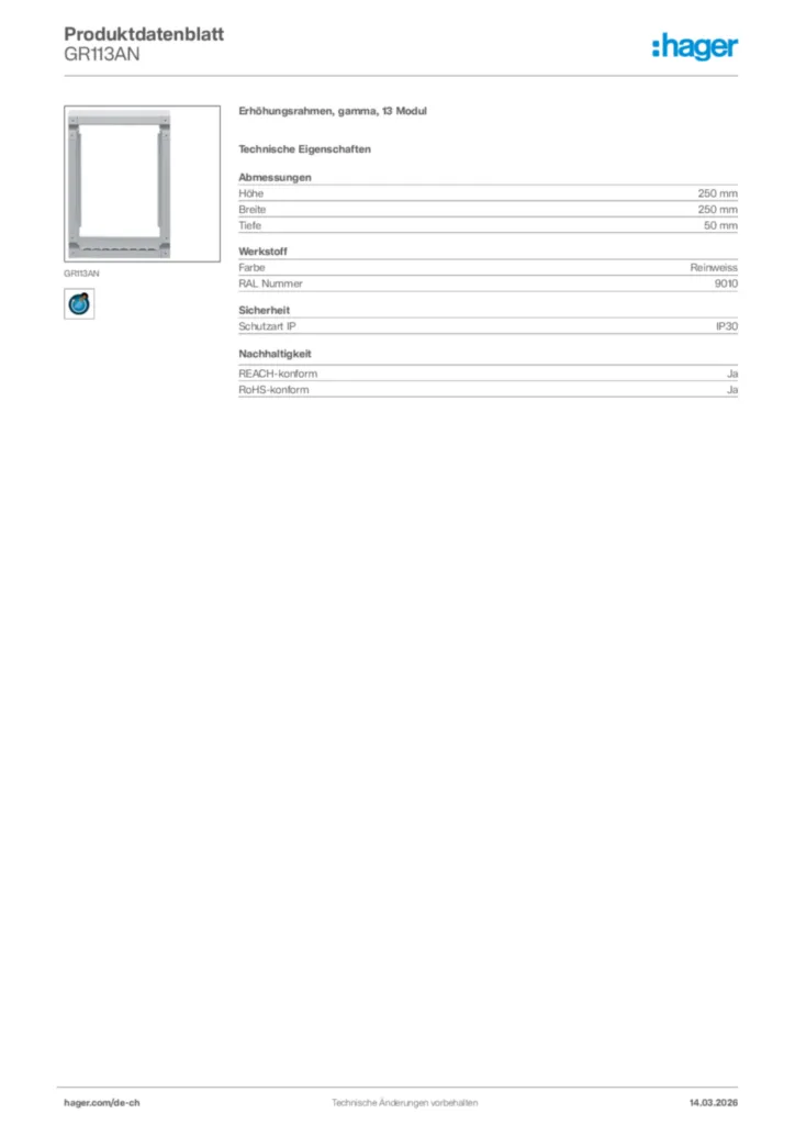 Bild Hager Produktdatenblatt GR113AN | Hager Schweiz