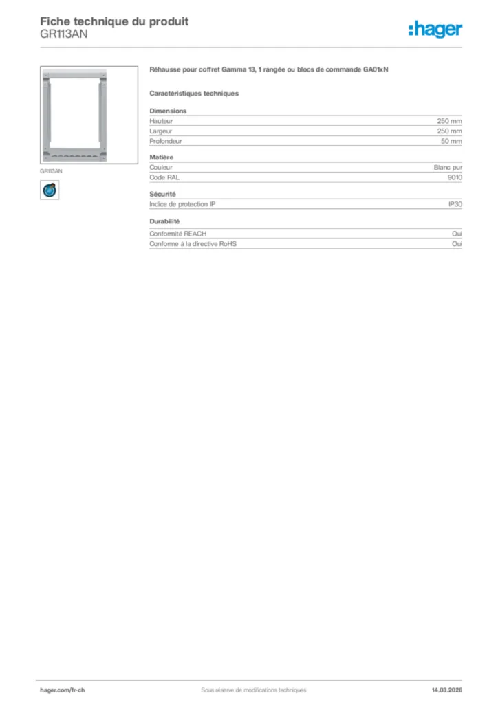 Image Hager Fiche technique du produit GR113AN | Hager Suisse