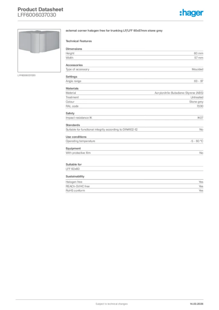 Image Hager Product data sheet LFF6006037030  | Hager Africa