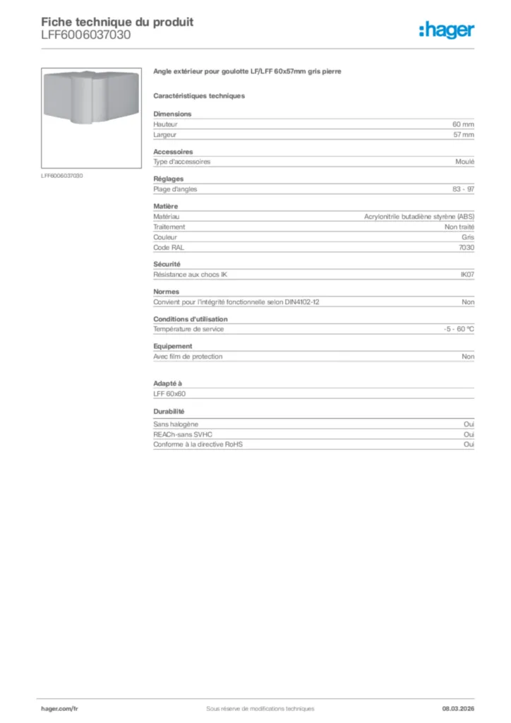 Image Hager Fiche technique du produit LFF6006037030 | Hager France