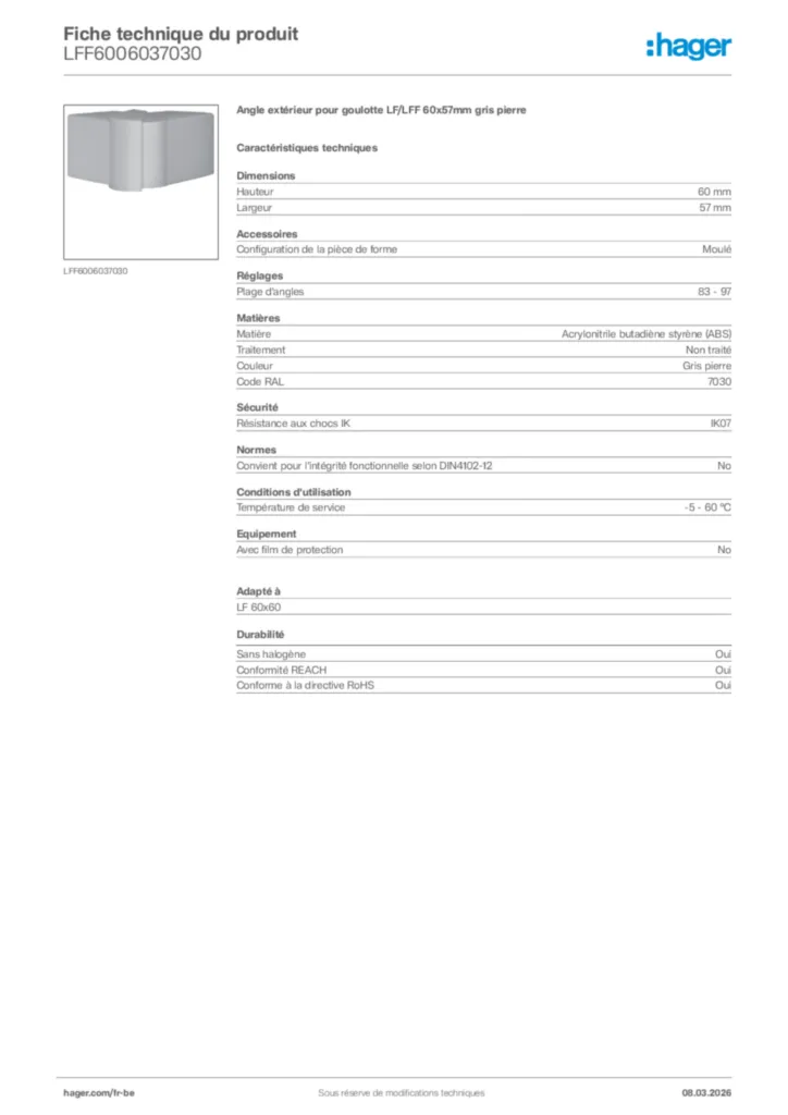 Image Hager Fiche technique du produit LFF6006037030 | Hager Belgique