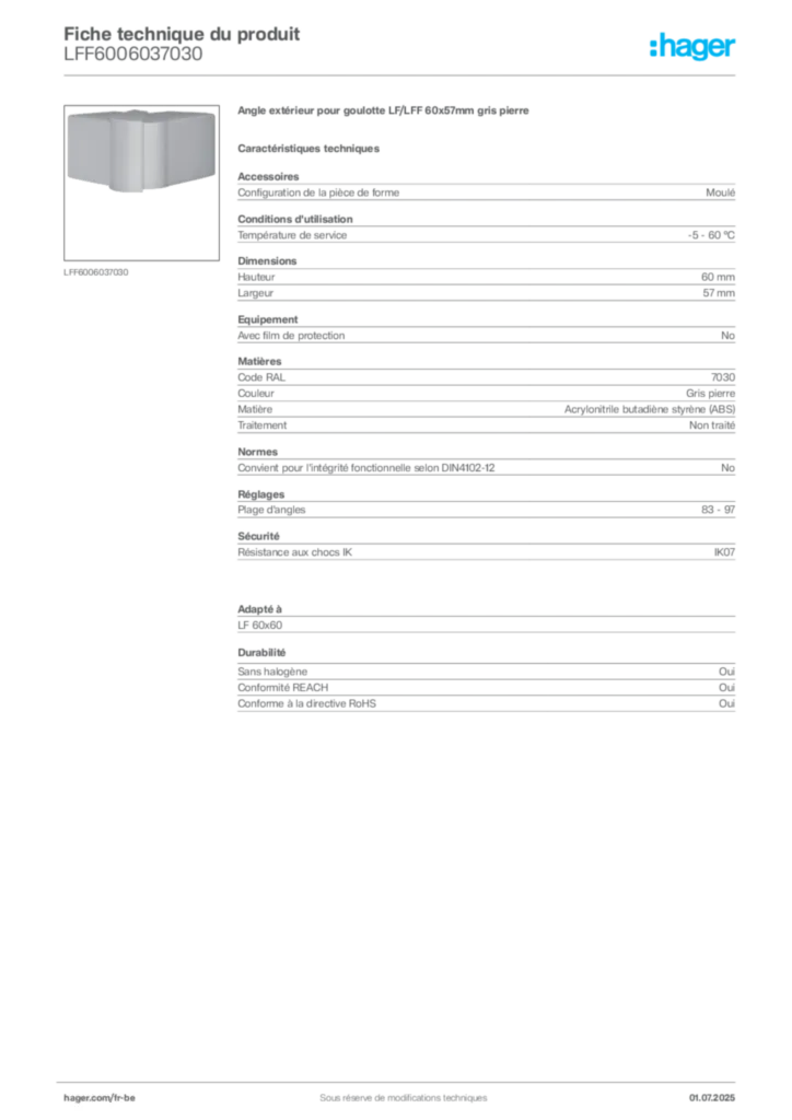 Image Hager Fiche technique du produit LFF6006037030 | Hager Belgique