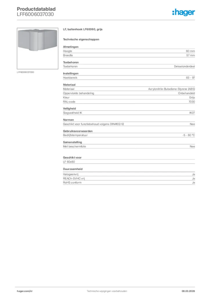 Afbeelding Hager Productdatablad LFF6006037030 | Hager Nederland