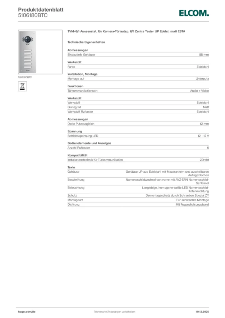 Bild Elcom Produktdatenblatt 5106180BTC | Hager Deutschland