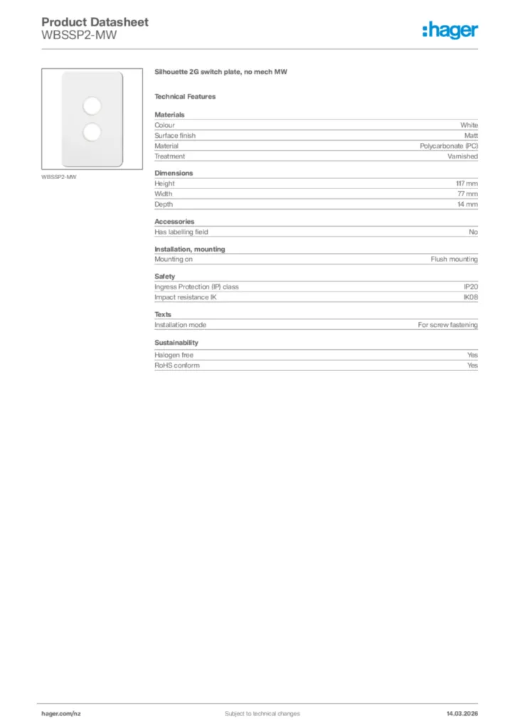 Image Hager Product data sheet WBSSP2-MW  | Hager New Zealand