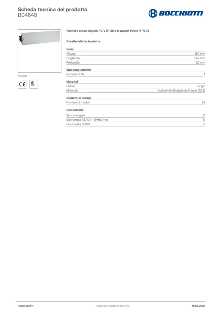 Immagine Bocchiotti Scheda tecnica del prodotto B04648 | Hager Italia
