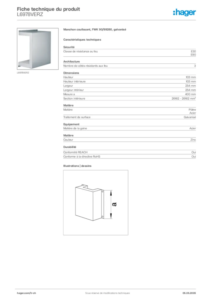 Image Hager Fiche technique du produit L6978VERZ | Hager Suisse