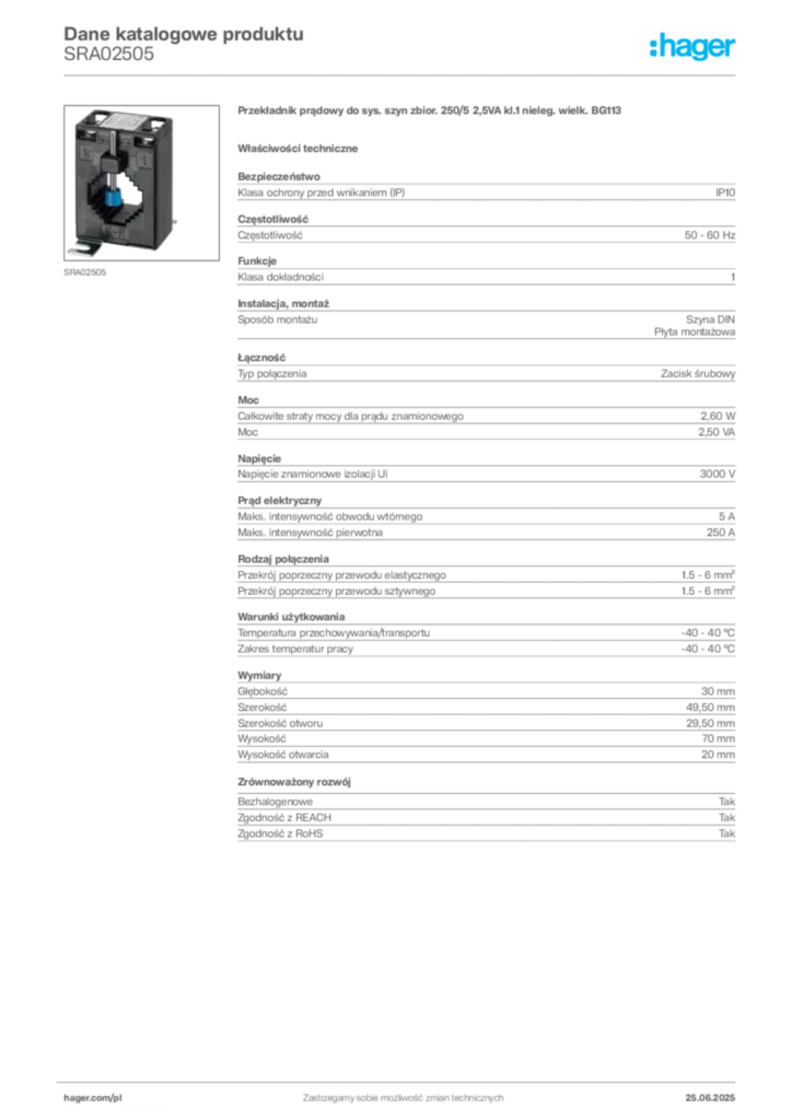 Zdjęcie Hager Karta katalogowa SRA02505 | Hager Polska