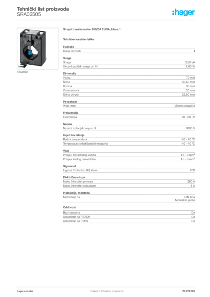 Slika Hager Product data sheet SRA02505  | Hager
