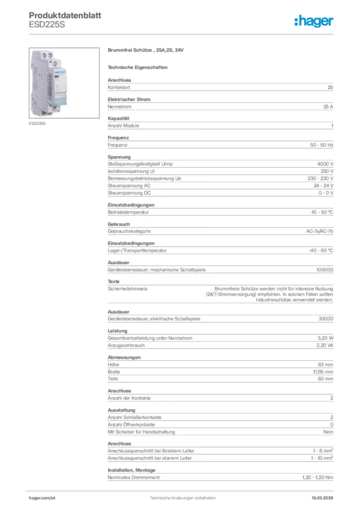 Bild Hager Produktdatenblatt ESD225S | Hager Deutschland
