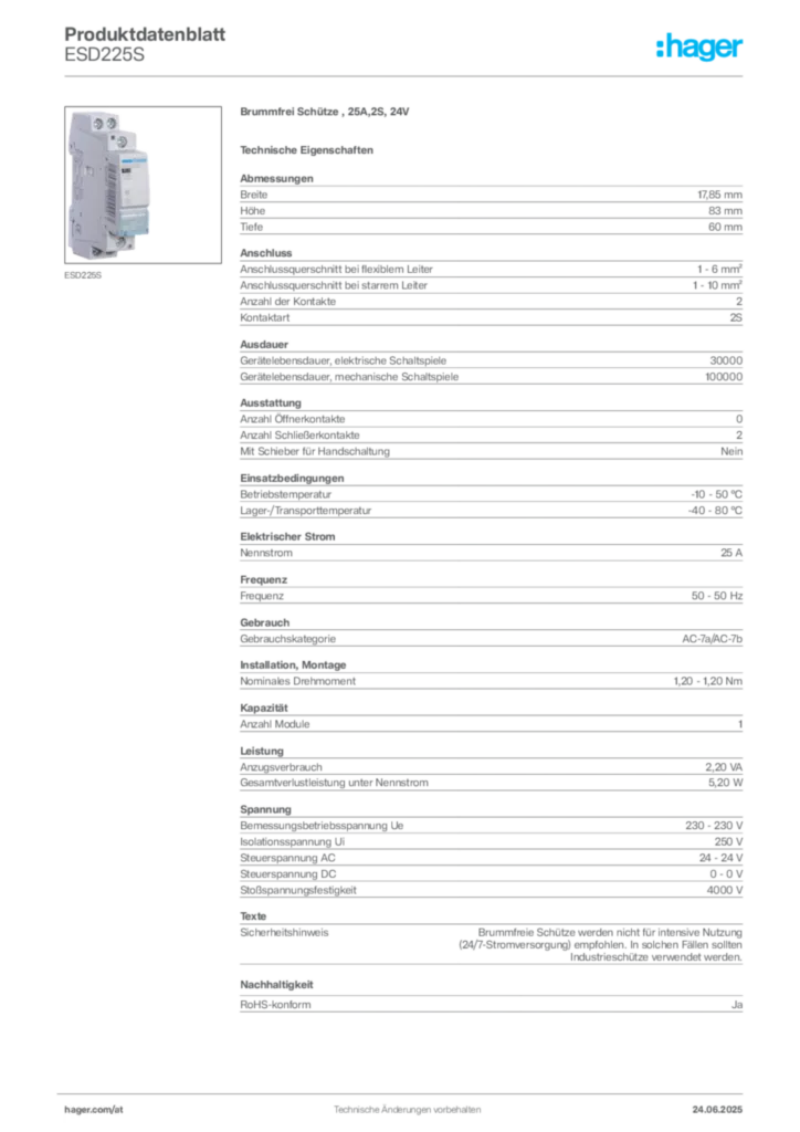 Bild Hager Produktdatenblatt ESD225S | Hager Deutschland