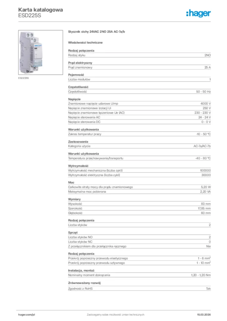 Zdjęcie Hager Karta katalogowa ESD225S | Hager Polska