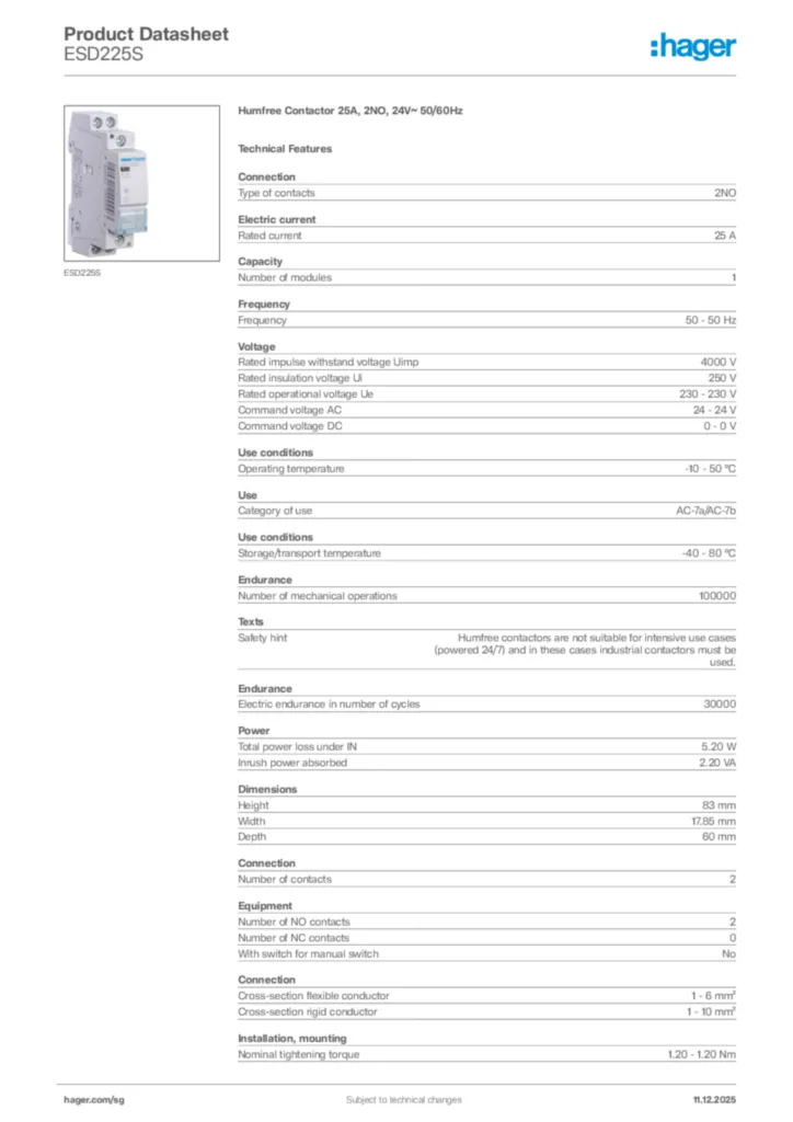 Image Hager Product data sheet ESD225S  | Hager