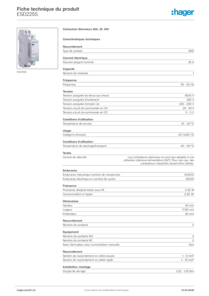 Image Hager Fiche technique du produit ESD225S | Hager Suisse