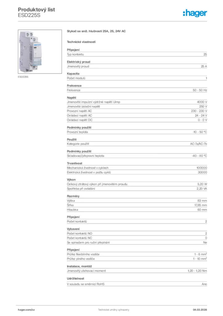 Obrázek Hager Product data sheet ESD225S | Hager