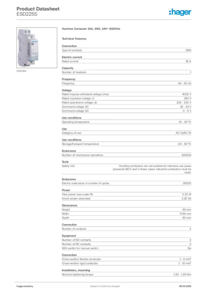 Image Hager Product data sheet ESD225S  | Hager