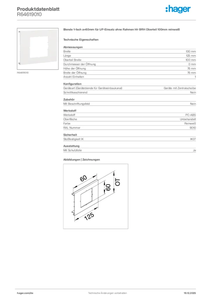 Bild Hager Produktdatenblatt R64619010 | Hager Deutschland