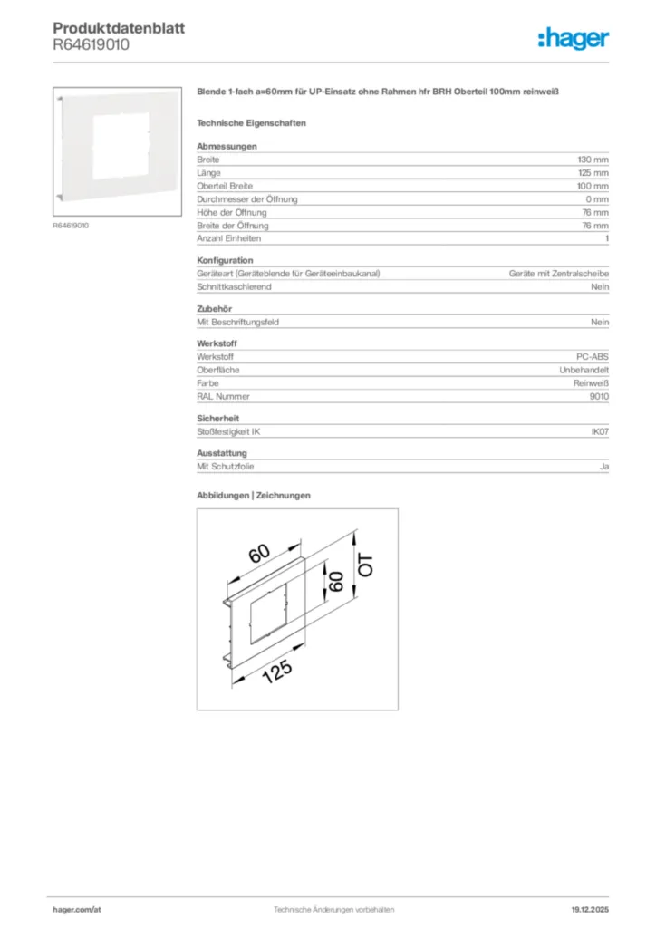 Bild Hager Produktdatenblatt R64619010 | Hager Deutschland