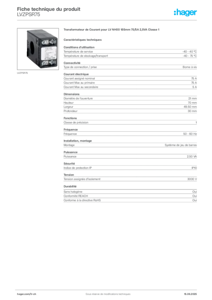 Image Hager Fiche technique du produit LVZPSR75 | Hager Suisse