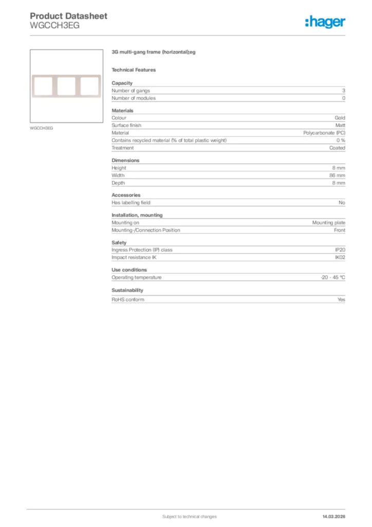 Image Hager Product data sheet WGCCH3EG  | Hager Africa