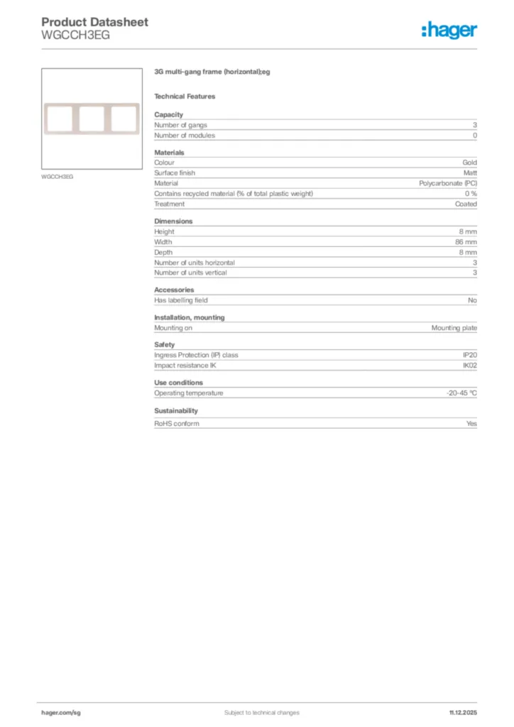 Image Hager Product data sheet WGCCH3EG  | Hager
