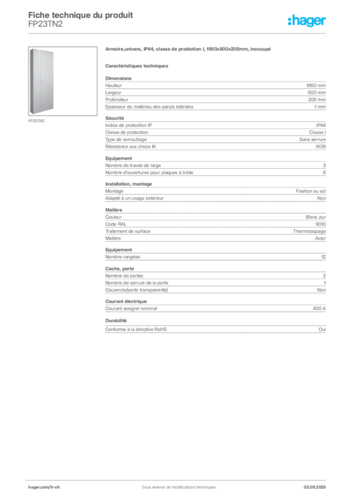 Image Hager Fiche technique du produit FP23TN2 | Hager Suisse
