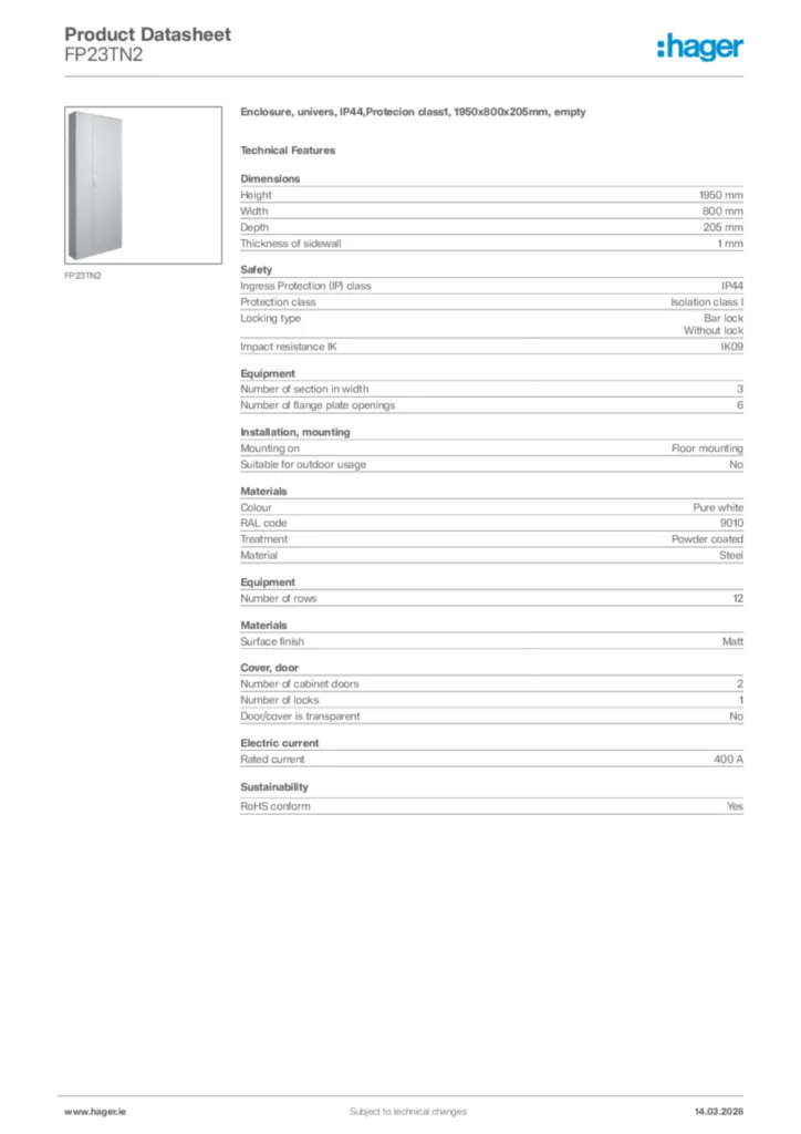 Image Hager Product data sheet FP23TN2  | Hager
