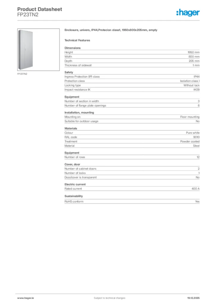 Image Hager Product data sheet FP23TN2  | Hager