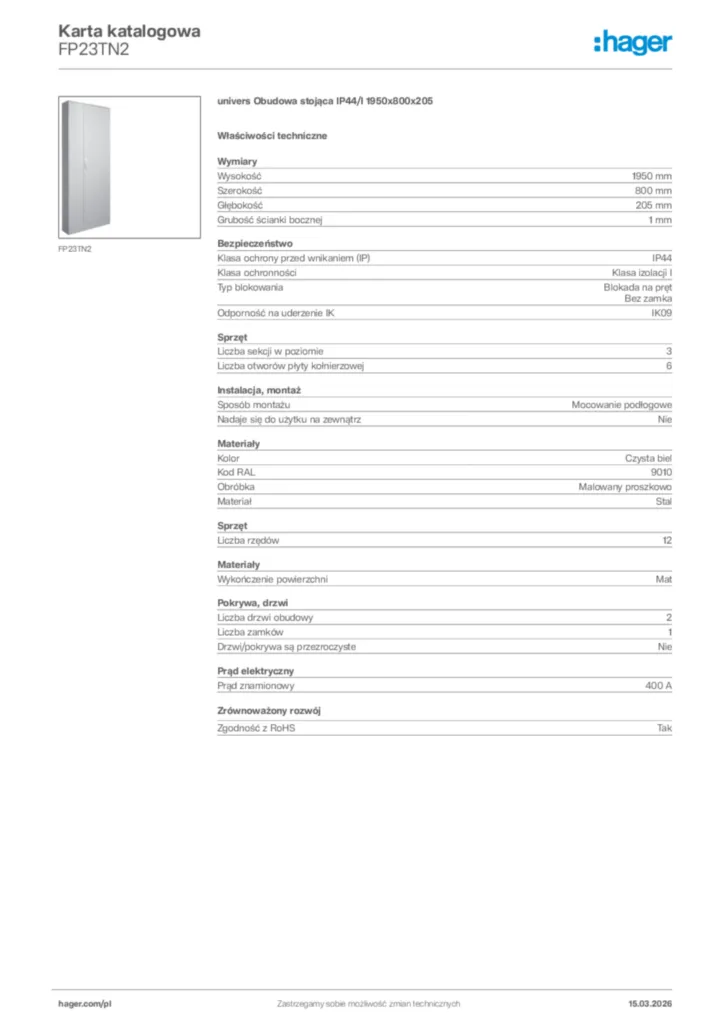 Zdjęcie Hager Karta katalogowa FP23TN2 | Hager Polska