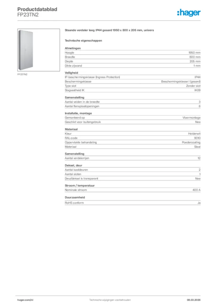 Afbeelding Hager Productdatablad FP23TN2 | Hager Nederland