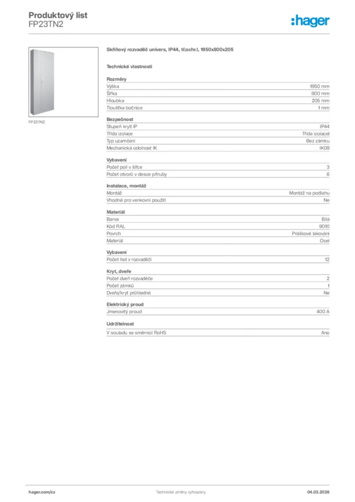 Obrázek Hager Product data sheet FP23TN2 | Hager