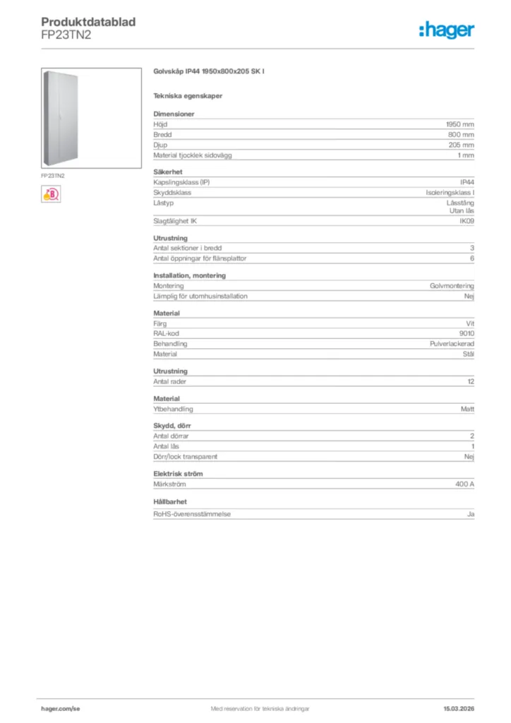 Bild Hager Produktdatablad FP23TN2 | Hager Sverige