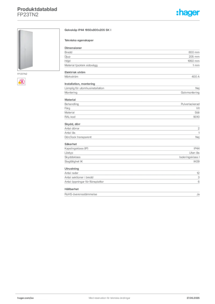 Bild Hager Produktdatablad FP23TN2 | Hager Sverige