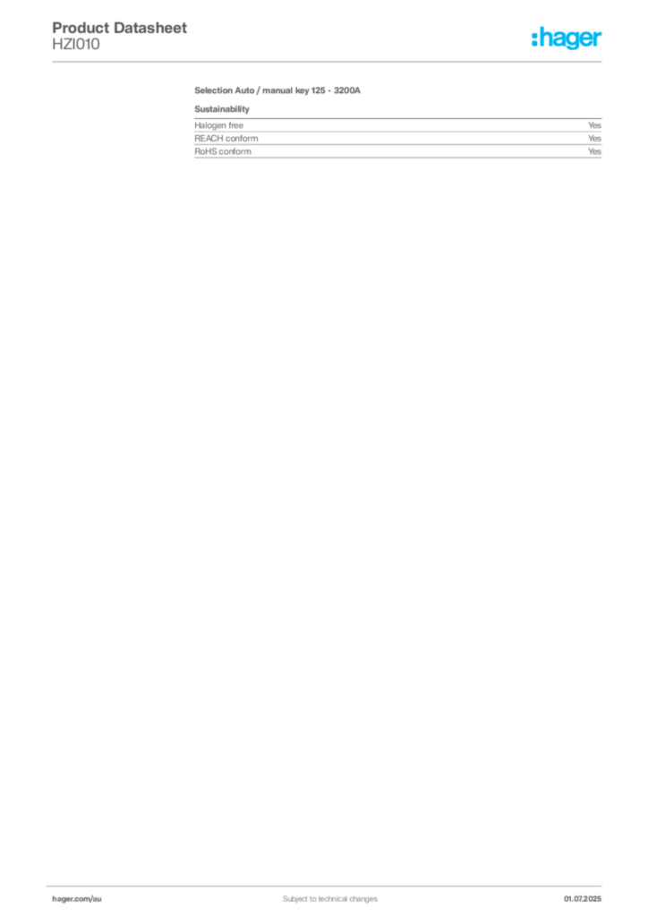 Image Hager Product data sheet HZI010  | Hager Australia