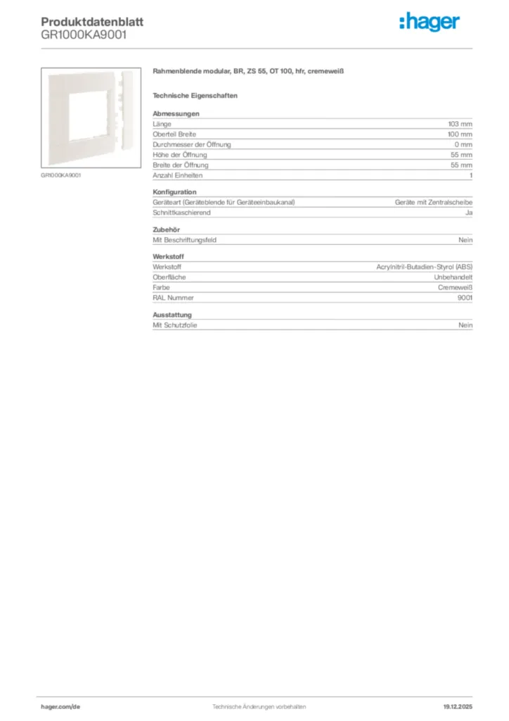 Bild Hager Produktdatenblatt GR1000KA9001 | Hager Deutschland