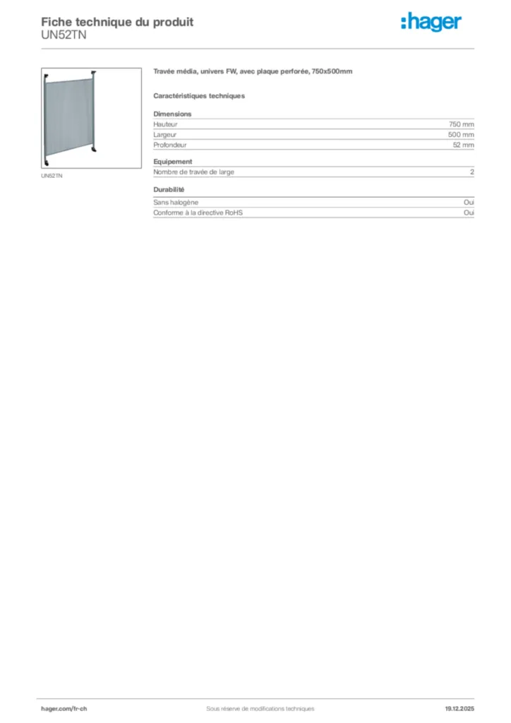 Image Hager Fiche technique du produit UN52TN | Hager Suisse