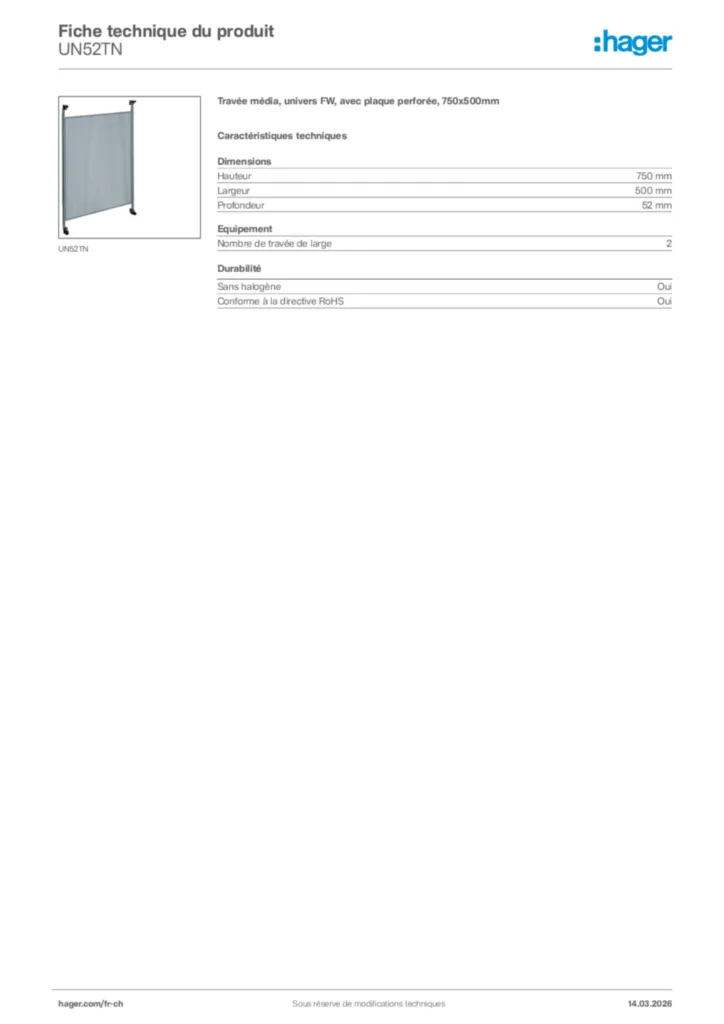 Image Hager Fiche technique du produit UN52TN | Hager Suisse