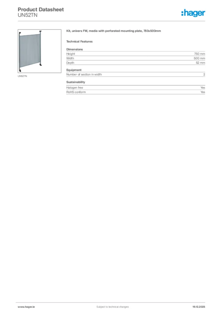 Image Hager Product data sheet UN52TN  | Hager