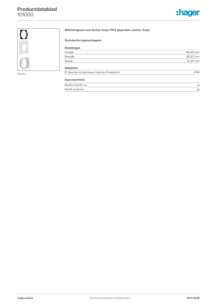 Afbeelding Hager Productdatablad 101000 | Hager Nederland