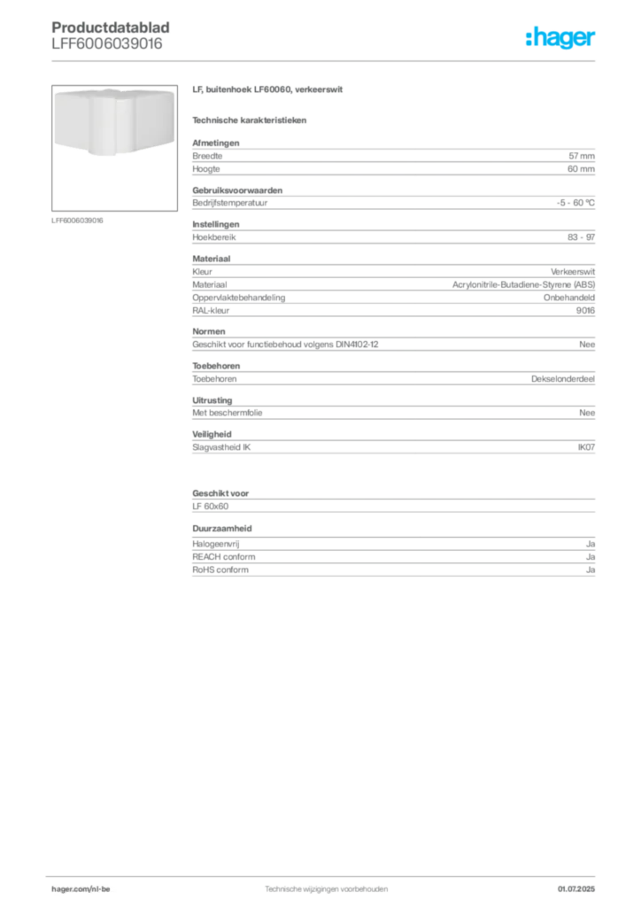 Afbeelding Hager Productdatablad LFF6006039016 | Hager Belgium